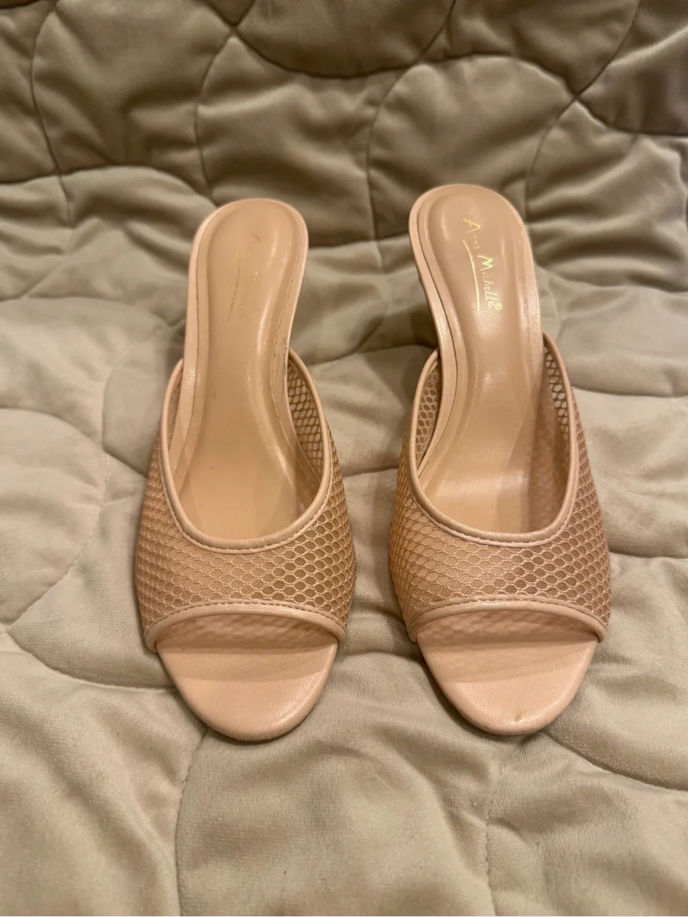 Anne Michelle Nude Mesh Open-Toe Mule Heels
